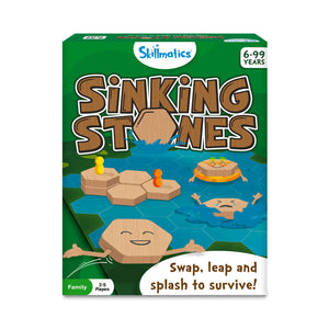 Sinking Stones strategy board game with hex tiles, player pawns, and game cards