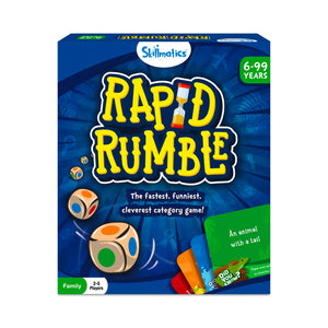Blue and yellow Rapid Rumble board game box for ages 6 and up, 2-5 players