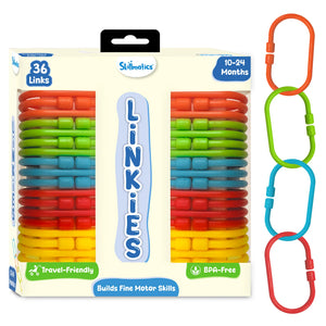 Skillmatics Linkies toy packaging showing a beige box with a clear window displaying 36 colorful plastic links arranged vertically. The brand logo appears at the top, with labels reading “36 Links” and “10–24 Months.” Icons highlight travel-friendly use, BPA-free material, and fine motor skill development. A chain of connected orange, green, blue, red, and yellow links is shown beside the box.