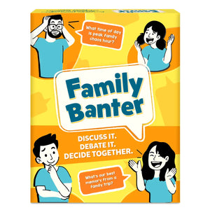 Skillmatics Family Banter card game box on a yellow and orange background. Four illustrated characters in teal shirts react with laughter, surprise, and curiosity. Two orange speech bubbles show sample questions: What time of day is peak family chaos hour and What's our best memory from a family trip. Center speech bubble displays the title. Tagline reads Discuss It, Debate It, Decide Together.
