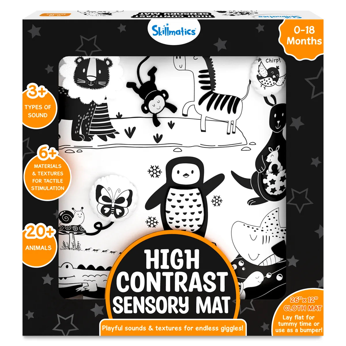 Skillmatics Sensory High Contrast Mat Ages 0-18 Months, Early Cognitive Development, Fine Motor Skill, Animal Theme, Black White, Gift For Infant