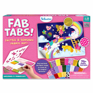 Skillmatics Fab Tabs Unicorns and Princesses kit box with pink background. Features magical night scene with fairy, unicorn, rainbow, and moon. Highlights 75 plus fabric textures, peel-and-stick mechanism, and mess-free label. Hand shown peeling fabric tab. Includes choking hazard warning. Suitable for ages 4 to 99.