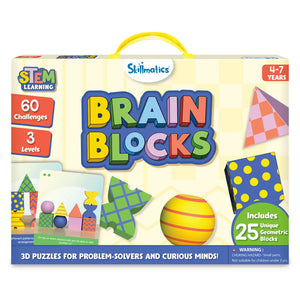 Colorful front packaging of the Skillmatics Brain Blocks STEM learning game for ages 4–7. The box shows patterned geometric blocks, spheres, and pyramids in bright colors, with text highlighting 60 challenges, 3 difficulty levels, and 25 unique blocks. Branding, carry handle, safety warning, and “3D puzzles for problem-solvers and curious minds” message are clearly displayed.