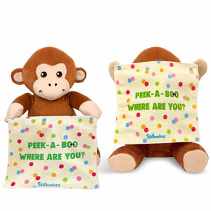 A brown plush monkey sits upright holding a soft cream-colored cloth with multicolored dots. The cloth covers its face in one version and is held below its eyes in another. The text “Peek-a-boo, where are you?” and a small blue Skillmatics logo appear on the cloth. The monkey has stitched facial features, light beige inner ears, and soft limbs positioned outward.
