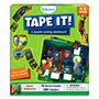 Skillmatics Tape It! Animal Adventures puzzle game box for kids aged 4–8 years. The green box shows colourful animal-themed puzzles featuring a fox, owl, raccoon, and wolf in a forest scene. Includes visuals of patterned tape rolls, puzzle cards, and sticker illustrations. Text reads “Easy to stick. Easy to remove!” with 16 picture puzzles and 150+ stickers included.