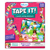 Skillmatics Tape It! Unicorns & Princesses game box for kids aged 4–8 years. The pink box showcases a whimsical scene with princesses, unicorns, and a rainbow, with illustrations of kids playing with these magical creatures. The box highlights “Easy to stick. Easy to remove!” and includes 16 picture puzzles and 150+ stickers. The product features vibrant, fairytale-themed images, with a warning about small parts.