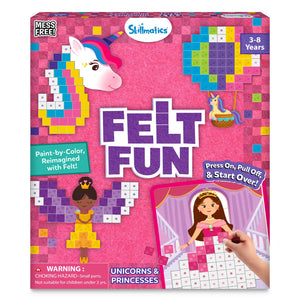 Skillmatics Felt Fun Unicorns & Princesses kit box with pink felt texture. Features pixel-art unicorn, fairy, and princess in colorful felt squares. Child completes a princess picture board in an inset photo. Mess Free, ages 3–8, and Paint-by-Color Reimagined with Felt taglines shown.
