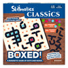 The front of the Skillmatics Boxed! game box featuring a magnetic dots and boxes puzzle game. The box is designed for ages 5–99, with the tagline “Easy to Play, Hard to Put Away.” It shows the game board with magnetic dots and pieces in different colours (purple, green, blue, and pink) along with text highlighting the contents: 190+ magnetic dots and 100+ magnetic pieces. The box also features a warning about small parts for children under 3 years.