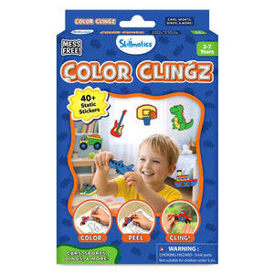 Front packaging of Skillmatics Color Clingz activity set with a blue background and playful pattern. Large text reads “Color Clingz” with a “Mess Free!” badge and age label “3–7 Years.” A child is shown smiling while holding a colored airplane sticker. Icons highlight “40+ Static Stickers” and themes like cars, sports, dinos, and more, with safety warning text at the bottom.