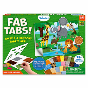 Skillmatics Fab Tabs Amazing Animals craft kit box with green background. Shows jungle scene featuring giraffe, elephant, lion, turtle, and crocodile. Highlights 75+ fabric textures, peel-and-stick activity, mess-free label, and choking hazard warning. Suitable for ages 4 to 99 years.
