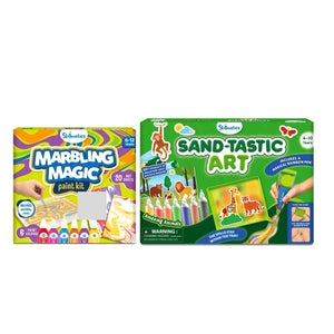 Kids’ art kits for marbling and sand art, perfect for ages 4-12 in Artsy Explorers Bundle