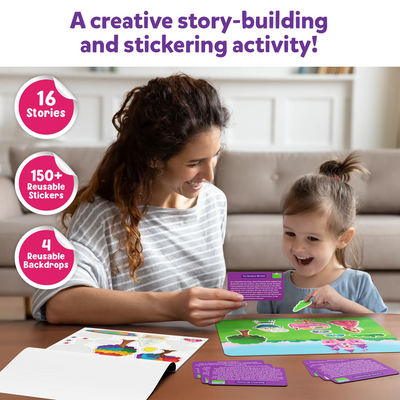 Creative Unicorns & Princesses Storytelling Kit with reusable stickers and backdrops for kids