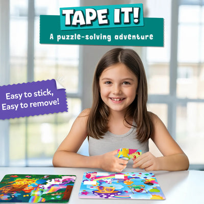 A young girl happily assembles the Skillmatics Tape It! Unicorns & Princesses puzzle. She holds a colourful piece while smiling, surrounded by two vibrant puzzle boards featuring unicorns, princesses, and rainbow-themed illustrations. A roll of animal-themed tape is placed beside her on the table. The background shows a sunny room with soft window light. The text “Easy to stick, Easy to remove!” is visible in the corner.