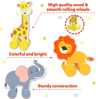Wooden animal push toys with rolling wheels for toddlers from 9 months to 3 years