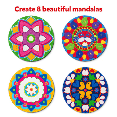 Four colorful Mandala art kits for kids ages 3-7 in Dot it! No Mess Sticker Art set