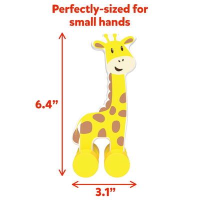 Yellow giraffe teether with brown spots, perfect for small hands from Animals on Wheels