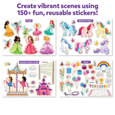 Reusable stickers featuring unicorns and princesses for creative storytelling scenes