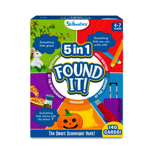 Children playing a scavenger hunt game from Found it Megapack for ages 4-7