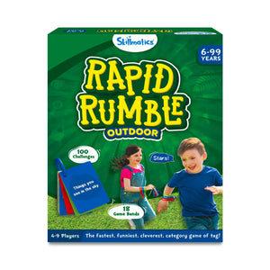 Green Rapid Rumble Outdoor game box with two children playing and bold yellow lettering
