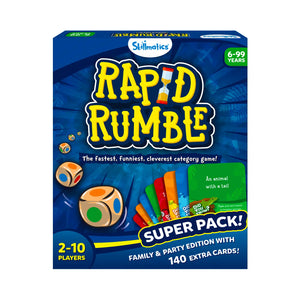 Blue Rapid Rumble Superpack box with dice, cards, and hourglass for family fun