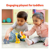 Two toddlers playing with Wooden Animal Toys on Wheels from Animals on Wheels collection
