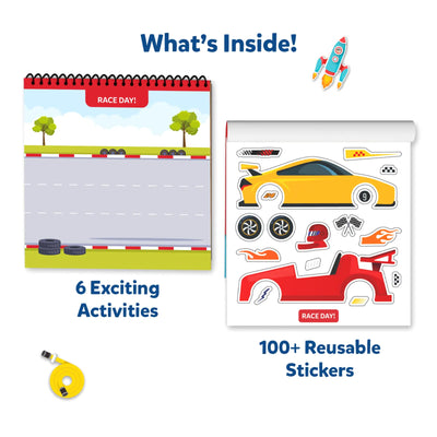 Children’s activity set with a spiral-bound race track book and reusable car stickers
