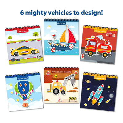 Six spiral-bound vehicle-themed reusable sticker activity books for kids ages 3-7