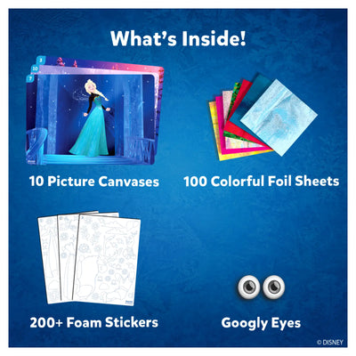 Children’s art kit with picture canvases, colorful foil sheets, foam stickers, and googly eyes from Foil Fun Disney Frozen for ages 4 to 9