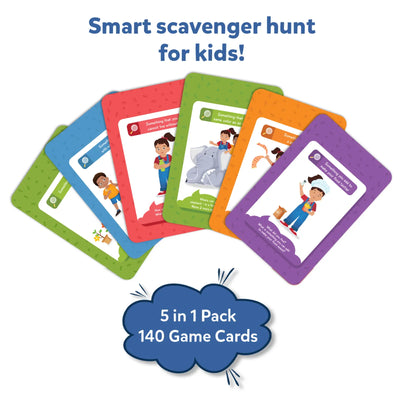 Colorful set of five scavenger hunt card games for kids with 140 cards in Found it Megapack