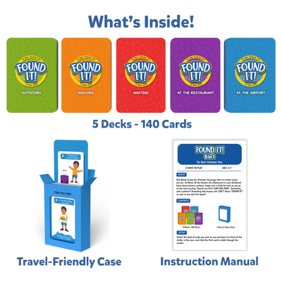 Children’s scavenger hunt card game with themed decks, travel case, and manual
