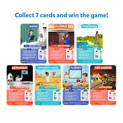 Colorful educational game cards featuring various professions for Guess in 10 trivia game