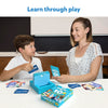 Family playing Guess in 10: Inspiring Professions trivia card game for ages 6 and up