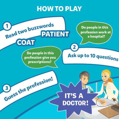 Illustrated guide showing how to play Guess in 10 Inspiring Professions trivia game
