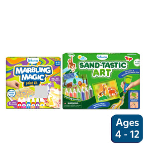 Kids’ art kits for marbling and sand art, perfect for ages 4-12 in Artsy Explorers Bundle
