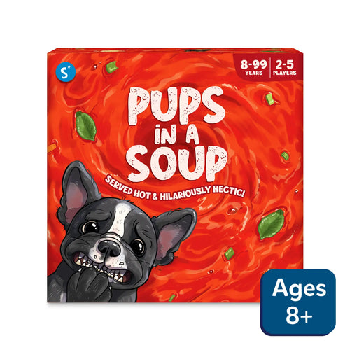 Red board game box with cartoon dog and Pups in a Soup title for a fast-paced card game