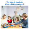 Family playing Rapid Rumble board game at wooden table for ages 6 and up