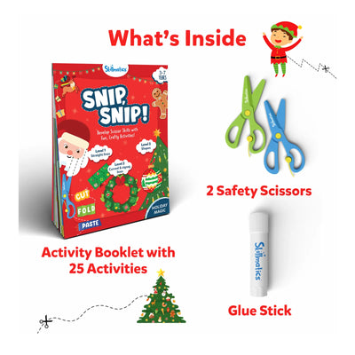 Holiday-themed Kids Activity Kit with scissors, glue stick, and activity booklet for ages 3-7
