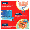 Educational guide showing three levels of scissor skills progression for Snip Snip Holiday Magic Kit