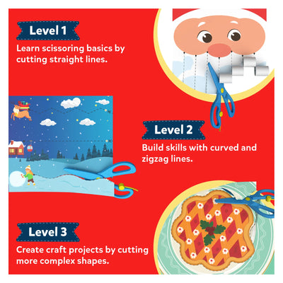 Educational guide showing three levels of scissor skills progression for Snip Snip Holiday Magic Kit