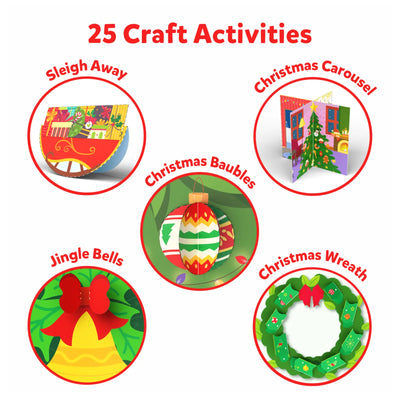 Christmas-themed paper crafts from Snip Snip Holiday Magic Art & Craft Kit for ages 3-7