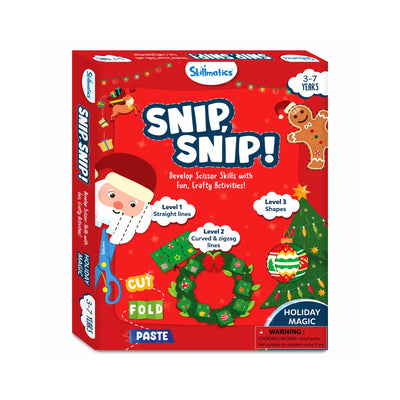 Holiday-themed Skillmatics Snip Snip craft kit for developing scissors skills for ages 3-7