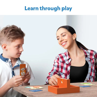 Mother and son playing Guess in 10 card game from Travel and Build Combo for ages 7+