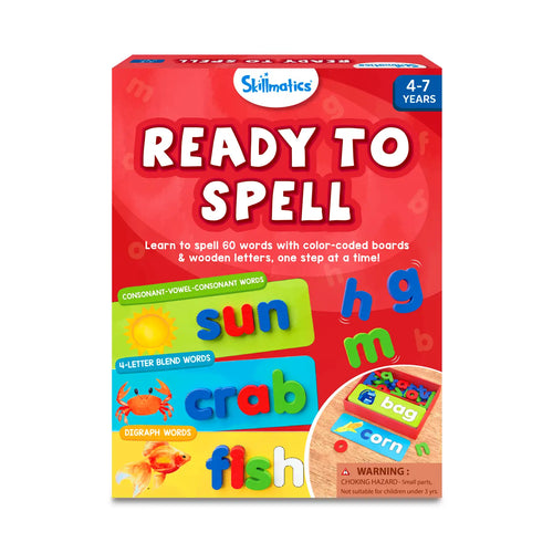 Skillmatics Ready to Spell learning kit with color-coded boards and wooden letters for ages 4-7