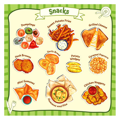 Colorful illustrated snack menu from 100 Most Real Play Foods for realistic pretend play