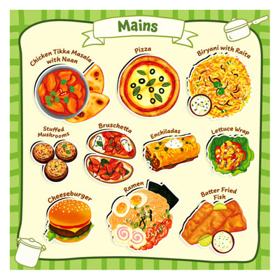 Stylized menu showcasing various main course dishes for Play Food pretend play
