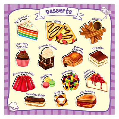 Colorful illustration of various labeled desserts from 100 Most Real Play Foods for pretend play