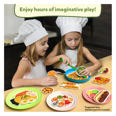 Children playing with a toy cooking set from 100 Most Real Play Foods for realistic pretend play