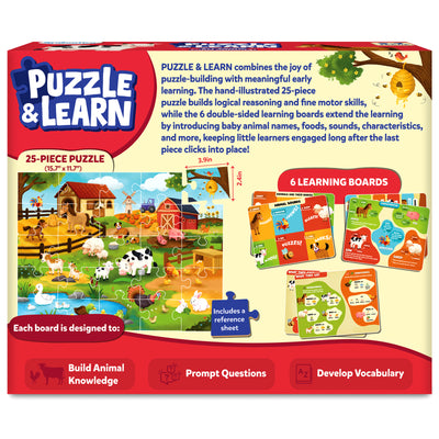 Back of the Skillmatics Puzzle & Learn All About Farm Animals box showing the completed 25-piece puzzle, puzzle dimensions, sample learning boards, reference sheet, and educational features. Highlights activities that build animal knowledge, vocabulary and prompt questions for children aged 3–7.