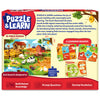 Back of the Skillmatics Puzzle & Learn All About Farm Animals box showing the completed 25-piece puzzle, puzzle dimensions, sample learning boards, reference sheet, and educational features. Highlights activities that build animal knowledge, vocabulary and prompt questions for children aged 3–7.