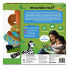 The back of the 'Whose Tail is That?' sensory cloth book packaging. The packaging highlights the educational benefits of the book, which helps develop curiosity, sensory awareness, fine motor skills, and language skills. The image also includes icons for travel-friendliness, tear-resistance, and easy hand washing. A parent and child are shown reading the book together, emphasizing its interactive and engaging design.